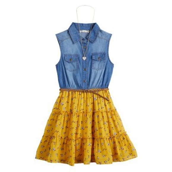 Knit Works Girls Tiered Denim Dress with Belt & Necklace blue/Mustard size 16.5